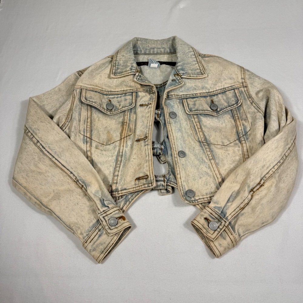 Jordache Denim Jacket S Light Acid Wash Bow Cutout Back Cropped Vtg Fest 80s 90s
